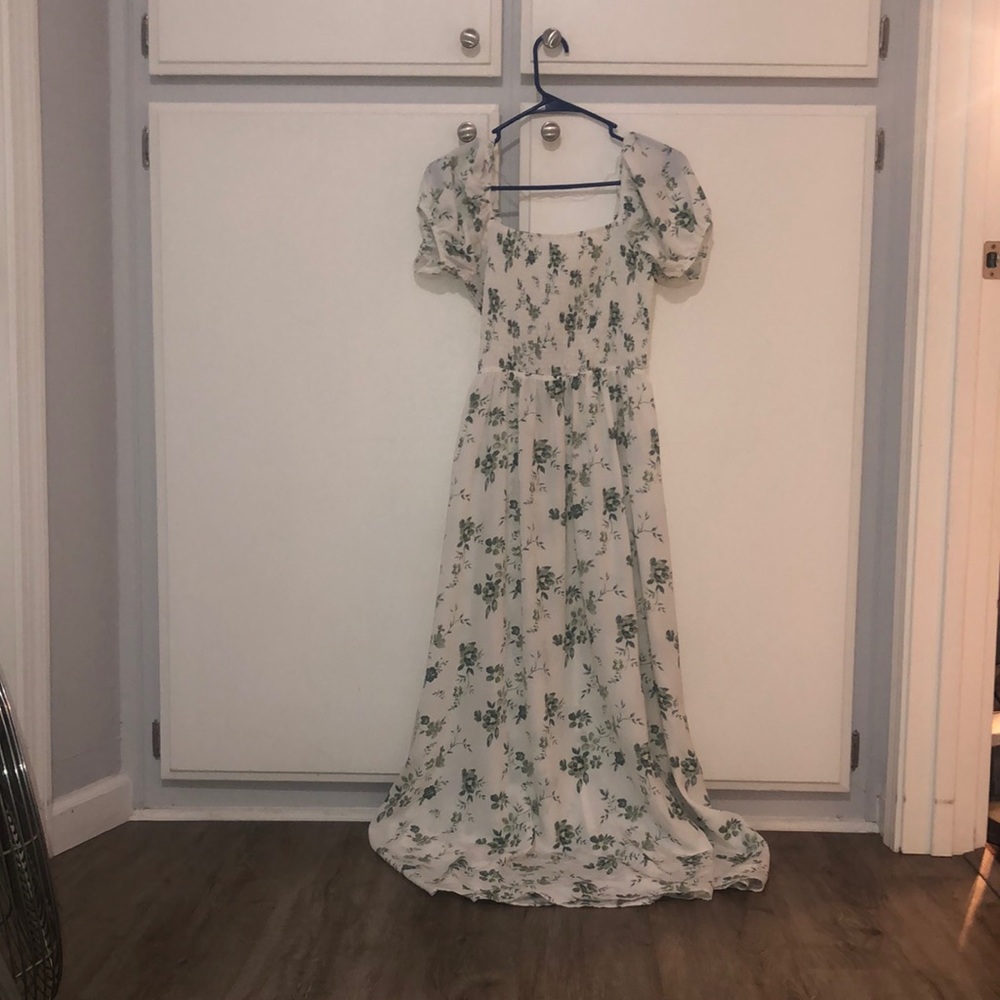 Long white and green flower printed dress tie up back